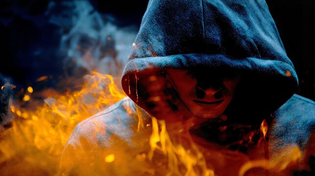Cloaked Enigma: Hooded Figure Amidst Flames and Shadow