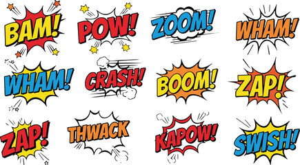 Colorful comic book sound effects set with speech bubbles, onomatopoeia explosion stickers for superhero theme, pop art vector icons isolated on white background. © Sagar Creative