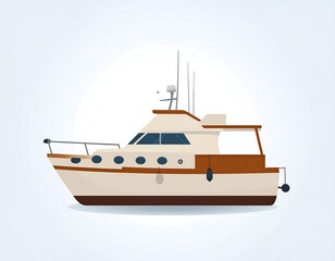 Obraz premium Creamy boat. Tan trim, rounded windows, nautical look, set against a light blue backdrop