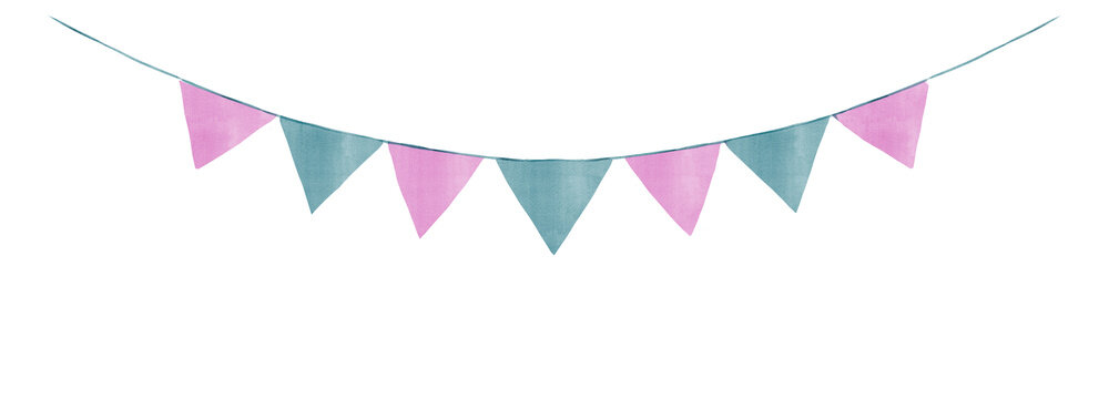 Watercolor party bunting banner with pink and blue triangle flags isolated png