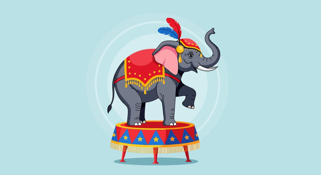 An American circus elephant performs on a colorful platform on a sunny day.