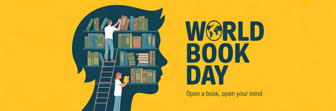 World Book Day graphic featuring a head silhouette with books and people