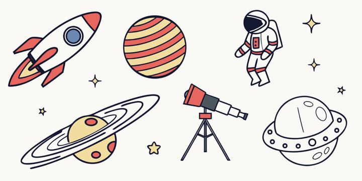 a set of cartoon space objects and a telescope Vector
