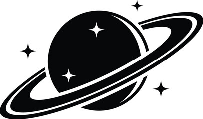 A black and white illustration of a planet with a ring and stars in space © s365a