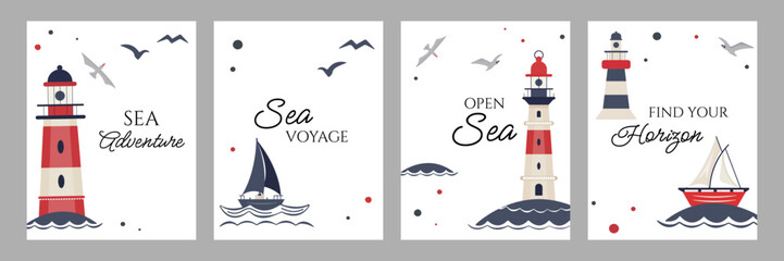 Set of nautical maritime banners with lighthouse, sailboat, waves and seabirds in flat style. Marine travel posters with adventure quotes for summer vacation, ocean navigation theme for tourism  © Iryna Prokopovych 
