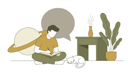 Minimalist illustration of a person writing, with a cat, plant, and planet © StockStudio