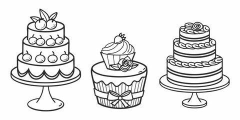 Three decorated cakes on stands and a cake with a flower on top Vector © RABBY MIA