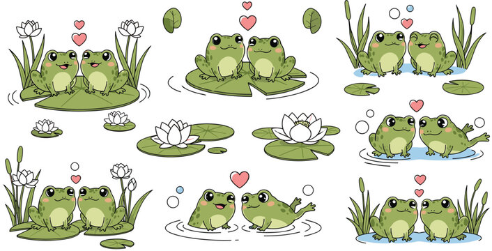 Cute Frog Couple Cartoon Vector Illustration Set with Frogs on Lily Pads, Pond Water, Lotus Flowers and Romantic Love Scenes