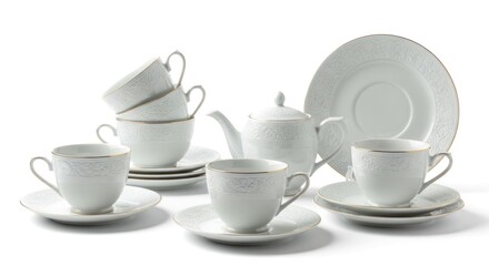Fototapeta premium Elegant white porcelain tea set with gold trim on a white backdrop