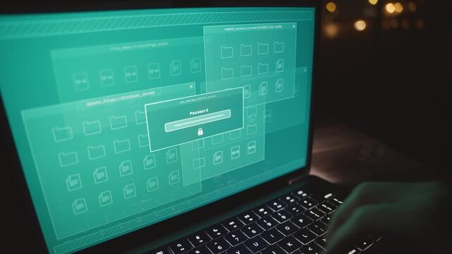 Hacker or spy enters system server typing correct password gains access. Classified files and folders on government computer or remote cloud. Person put lock code and enters into private data archive