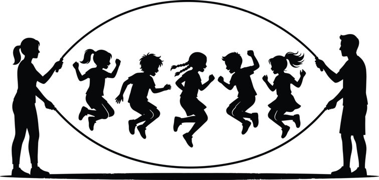 Kids jumping rope silhouettes with parents, children group skipping activity playful outdoor childhood fitness game vector illustration set