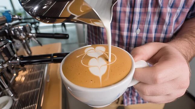 Barista pouring steamed milk into a latte art heart design in a ceramic cup showcasing coffee preparation and craftsmanship in a modern cafe setting
