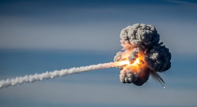 A powerful missile or rocket explodes mid-flight with a brilliant fireball and a vast cloud of smoke, creating a dramatic and destructive event high in the atmospheric blue sky.