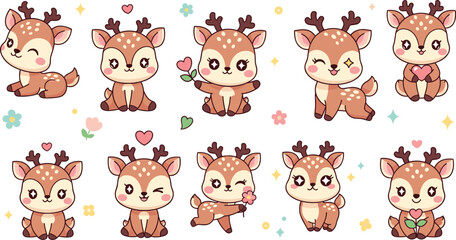 Obraz premium Cute Kawaii Deer Character Set with Adorable Expressions, Flowers, and Hearts for Playful Illustrations