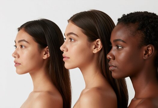 Three women of varying skin tones in profile, celebrating beauty and diversity against a minimalist white backdrop.