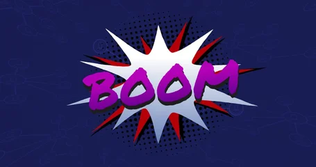 Plexiglas schilderij Pop art Bursting comic starburst occupying center on navy field, showing purple 3D BOOM creating pop-art  © vectorfusionart