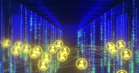 Naklejka premium Glowing band of yellow icons forming network in digital tunnel with linked lines and code streams