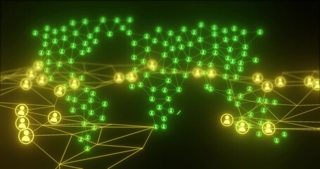 Displaying global network with glowing green yellow user nodes forming mesh on dark gradient