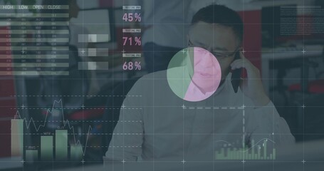 Holding phone, Chinese analyst in light knit and glasses checking monitor at desk with data charts © vectorfusionart