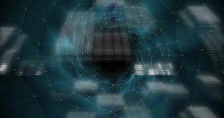 Drawing central dark core pulling triangular mesh and floating data panels inward in virtual space