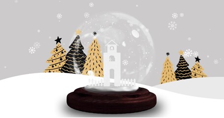 Displaying glass snow globe holding small white tower and fence on white slope, with dark base