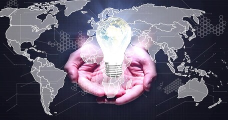 Fototapeta premium Cupping bare hands holding glowing bulb with miniature Earth over dark gridded network map backdrop