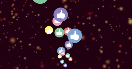 Fototapeta premium Drifting center column showing multicolor circular thumbs-up badges in digital space, glowing bokeh