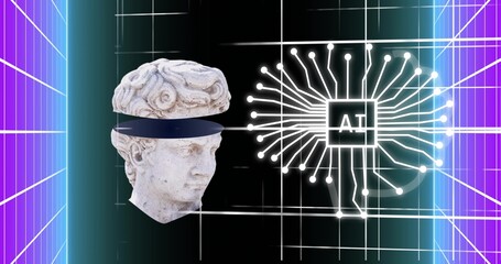 Floating marble bust head rotating, separating in virtual studio, with dark band and AI circuit