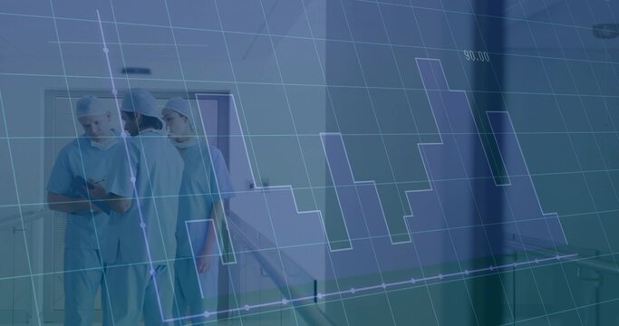 Checking 3 staff in scrubs and caps reviewing clipboard in corridor with chart overlay, copy space