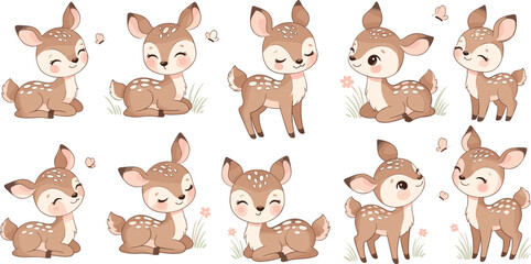 Fototapeta premium Set of 10 Cute Cartoon Fawn Vector Illustrations with Various Poses and Floral Accents for Animal and Nature Designs
