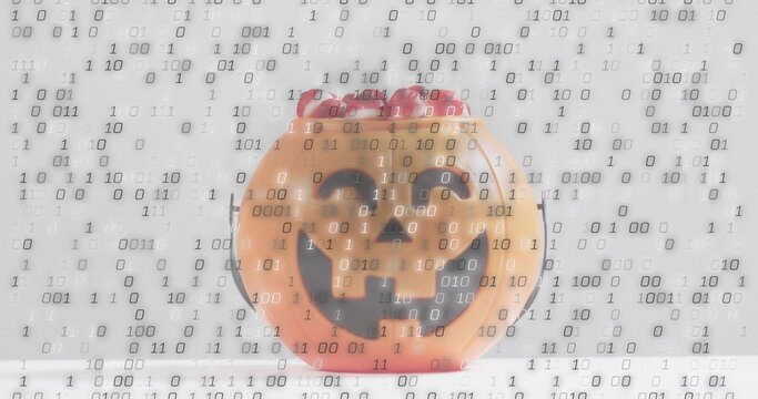Sitting orange pumpkin candy bucket centering on white surface, with red candies and binary overlay