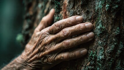 Old Hand Touching Textured Tree Bark