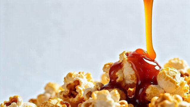 Popcorn with caramel sauce pouring