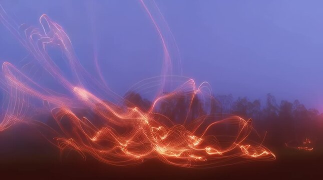 Abstract light trails swirl and dance against a misty twilight landscape creating an ethereal and dreamlike visual effect perfect for creative projects