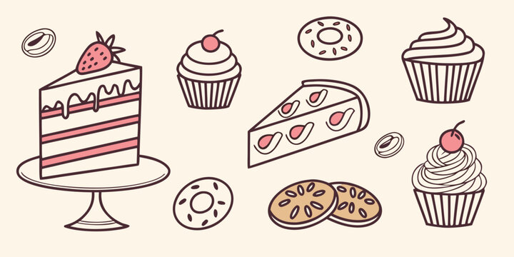 a variety of sweet treats including cake and cupcakes Vector