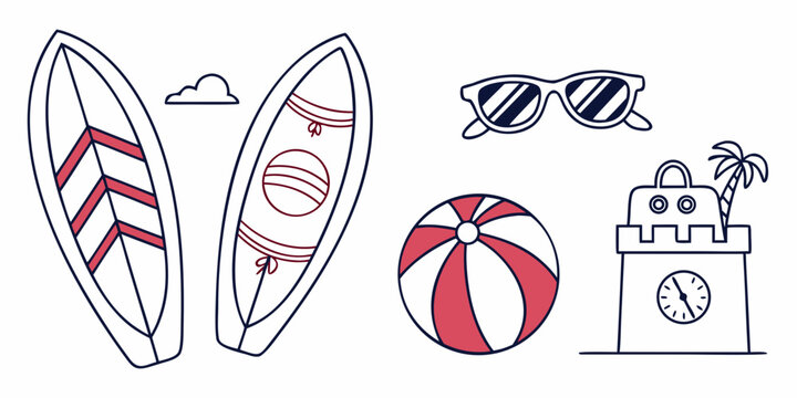 a collection of beach items including surfboards and ball Vector