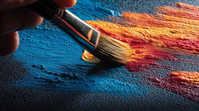 Artist's Touch: A close-up view capturing the precise movements of a artist as a paintbrush glides across a textured canvas, blending vibrant colors and bringing a creative vision to life.