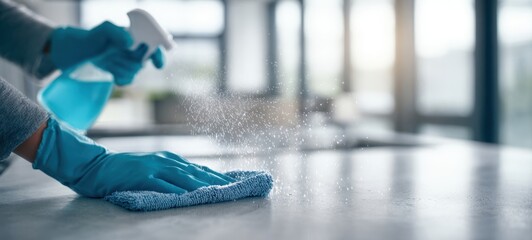 The cleaner's gloved hands spraying disinfectant and wiping a modern office countertop