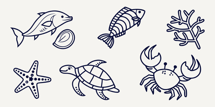 a collection of six sea creatures Vector