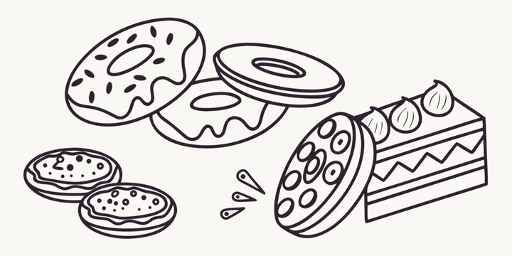 a drawing of donuts and a slice of cake with sprinkles Vector