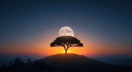 Obraz premium Lonely tree silhouette against a full moon rising over the horizon