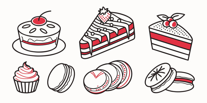 a collection of desserts including cakes and cupcakes Vector