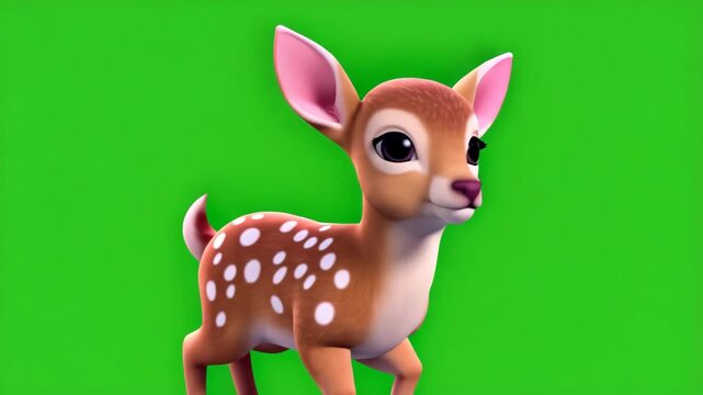 Cute Animated Fawn Character with Big Eyes and White Spots on a Vibrant Green Background
