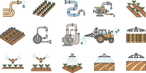 Agriculture Irrigation System Vector Icon Set with Water Pump, Sprinkler, Drip Irrigation, Farm Tractor and Crop Watering Technology © MdShakil