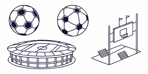 a soccer ball, a volleyball, a stadium, and a basketball hoop Vector © RABBY MIA
