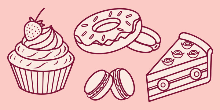 a collection of sweet treats including a cupcake and donut Vector