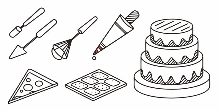 a cake and baking utensils for decorating Vector
