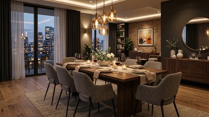 Elegant dining room interior with table setting and city view at dusk