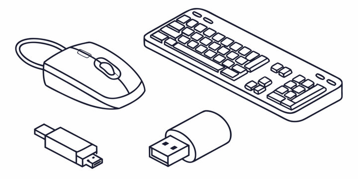 a computer mouse, remote control, usb flash drive, and usb connector Vector
