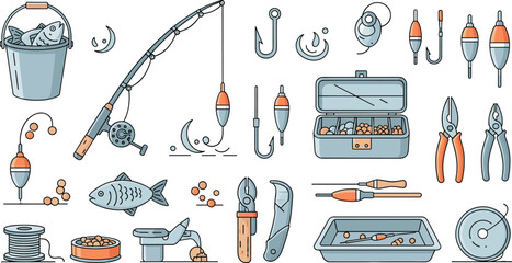 Fishing Gear and Angling Equipment Vector Illustration Set with Fishing Rod, Hook, Float, Tackle Box, Bait and Fisherman Tools © MdShakil